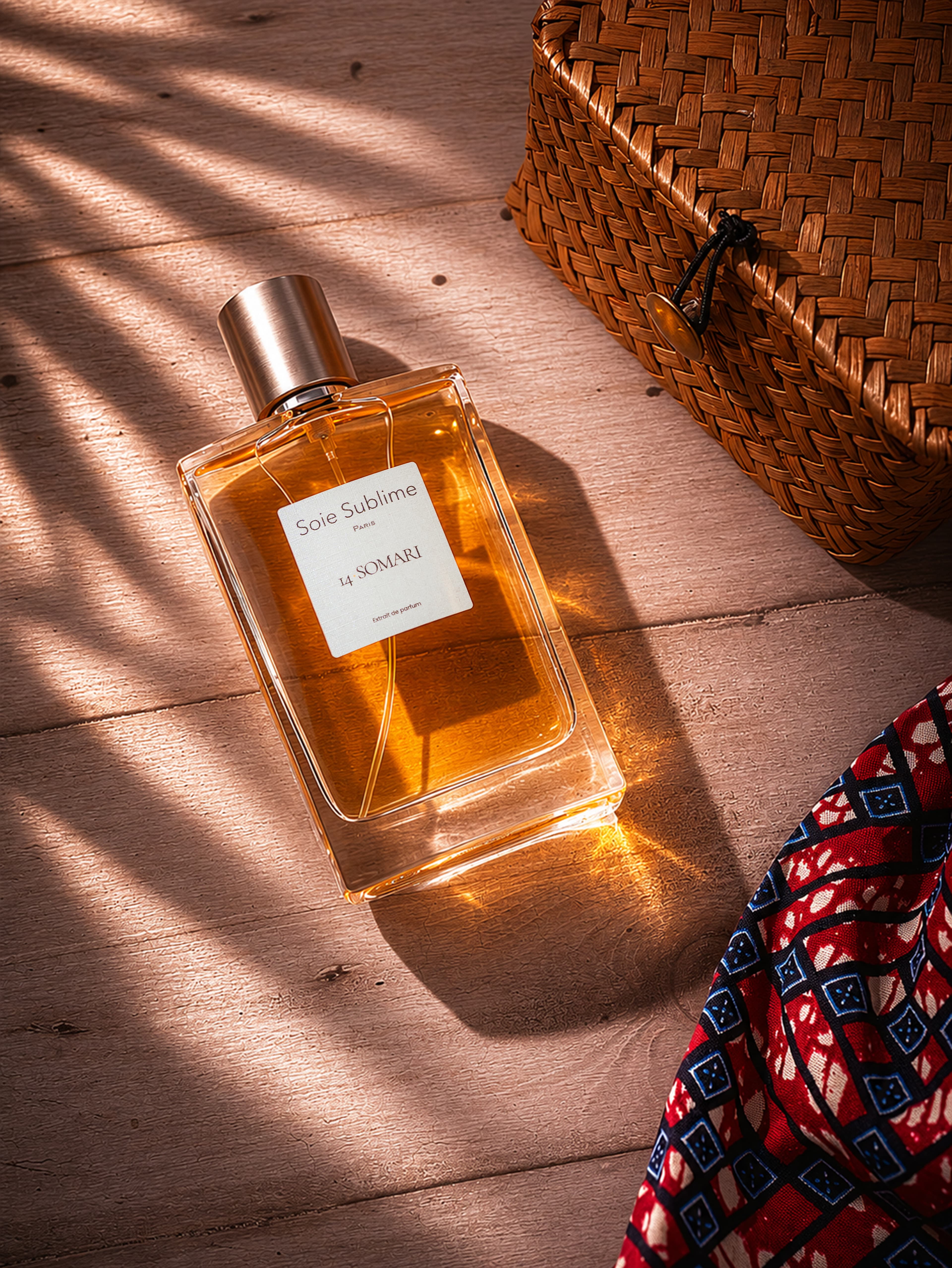 Flacon SOMARI parmi vannerie et textile rouge sous une lumière solaire orange intense